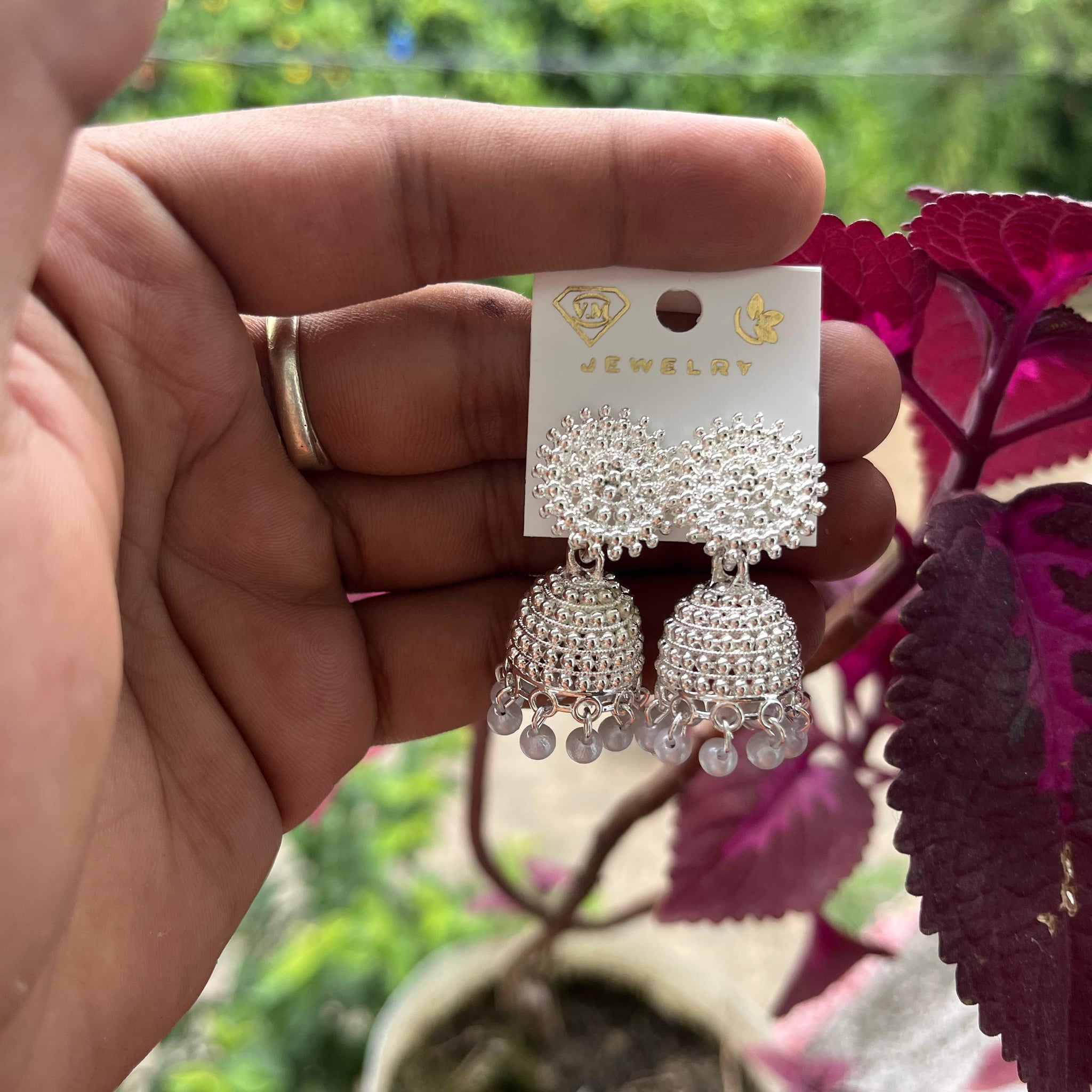 Silver Look-Alike Beaded Jhumka